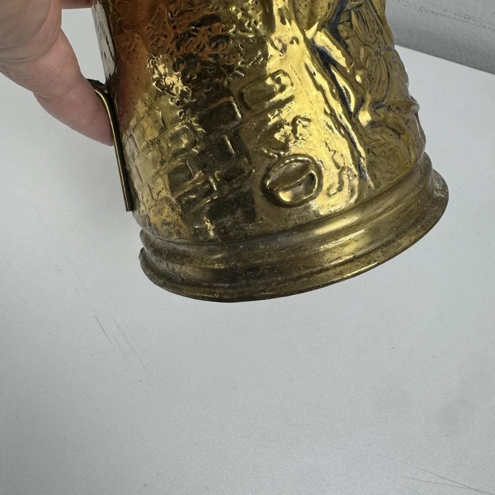 Vintage Brass Water Pitcher Jug Embossed Tavern Scene Made In Holland Decor‎